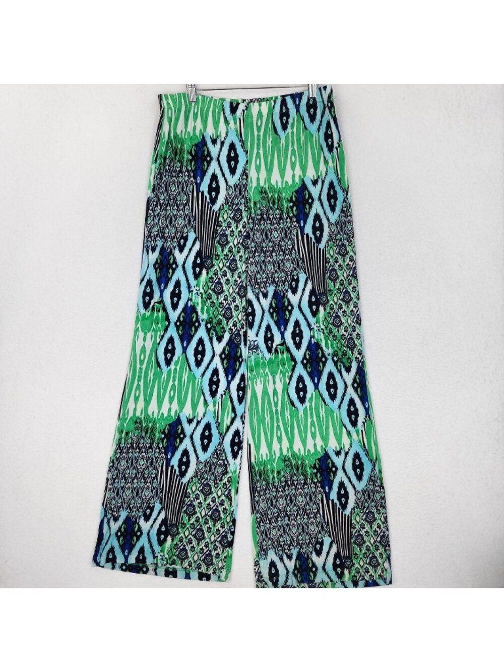 Chicos Pants Womens 2 Tall 12 Green Blue Travelers Geometric Wide Leg Pull On